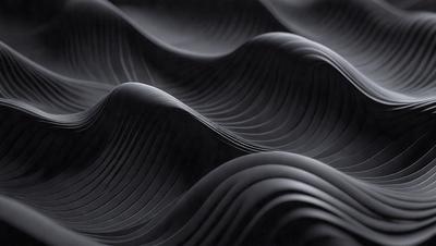 The primary subject of the image is a series of black and white waves, which are the main objects in the scene. The setting is a dark background, which contrasts with the waves. The visual style is a black and white photo, giving the image a classic and timeless appearance. The dominant colors are black and white, creating a moody and dramatic atmosphere.