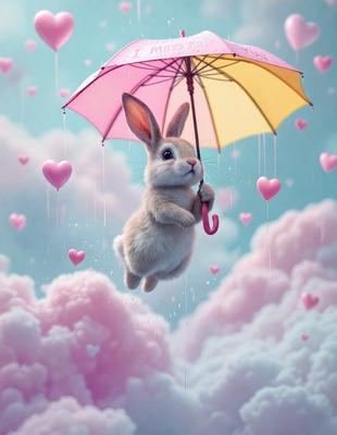 The primary subject of the image is a cute bunny rabbit. The setting is a cloudy sky, and the visual style is digital art. The bunny is holding a pink umbrella, and the colors and mood are predominantly pink and lighthearted.