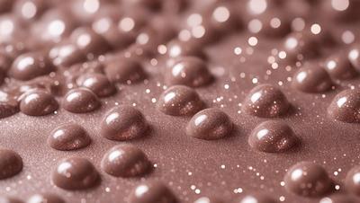 The primary subject of the image is a close-up of a chocolate-covered heart, which is the main focus of the image. The setting is a brown surface, possibly a table or a wall, with a pattern of glittery hearts scattered across it. The visual style is a close-up of the chocolate heart, and the colors and mood are warm and inviting, with the chocolate hearts adding a touch of sweetness to the scene.