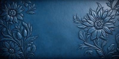 The primary subject of the image is a blue leather-like material with a pattern of leaves. The setting is a blue background, and the visual style appears to be a combination of a photo and a digital art or illustration. The colors and mood of the image are predominantly blue, creating a calm and serene atmosphere.