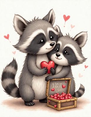 The image features two cartoon raccoons, one on the left and the other on the right, holding a heart-shaped box filled with red apples. The raccoons are cuddling and appear to be kissing each other, creating a warm and affectionate scene. The colors in the image are predominantly red and pink, which adds to the overall mood of the scene.