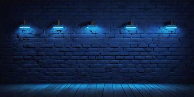 The primary subject of the image is a blue brick wall with three lights mounted on it. The lights are blue and illuminate the wall, creating a unique and visually appealing atmosphere. The setting is a brick wall, and the visual style is a photo. The dominant colors are blue, and the overall mood is calm and serene.