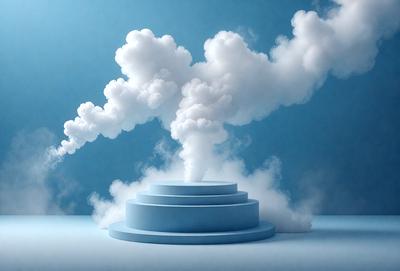 The primary subject of the image is a blue cloud with smoke coming out of it. The setting is a blue background, and the visual style appears to be a digital art or illustration. The colors and mood of the image are predominantly blue, creating a calm and serene atmosphere.