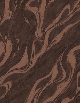 The primary subject of the image is a wooden surface with a pattern of swirls and curves. The setting is a room with a wooden floor, and the visual style is a combination of a photo and a drawing. The colors and mood of the image are predominantly brown and black, giving it a warm and sophisticated appearance.