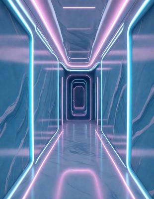 The primary subject of the image is a long, narrow hallway with a blue and pink neon lighting effect. The setting is a futuristic environment, possibly a space station or a futuristic city. The visual style is a combination of digital art and illustration, creating a unique and captivating atmosphere. The dominant colors are blue and pink, which contribute to the futuristic and vibrant mood of the scene.