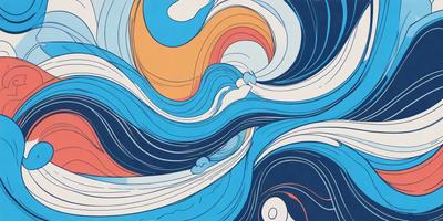 The primary subject of the image is a blue and white ocean wave. The setting is a blue and white ocean, with the wave being the main focus of the image. The visual style is a combination of digital art and illustration, creating a vibrant and dynamic scene. The dominant colors are blue and white, giving the image a calming and serene atmosphere.