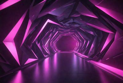 The primary subject of the image is a tunnel-like structure with a pink lighting effect. The setting is a futuristic environment, possibly a space station or a futuristic city. The visual style is a combination of digital art and illustration, creating a unique and captivating atmosphere. The dominant colors are pink and purple, giving the scene a futuristic and surreal feel.