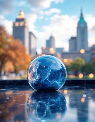 Primary subject: A blue glass ball.
Setting/background: A cityscape with buildings in the background.
Visual style: A photo of the blue glass ball.
Colors and mood: The blue glass ball has a reflective surface, and the cityscape in the background adds a sense of depth and contrast to the image.