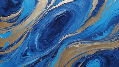 The primary subject of the image is a blue and gold swirl pattern, which appears to be a painting or a digital artwork. The setting is a blue background, and the visual style is a mix of digital art and painting. The dominant colors are blue and gold, creating a vibrant and lively atmosphere.