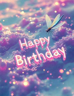 Happy Birthday: [The main object, scene, or focus of the image is a birthday message.]

Setting/background: [The environment, backdrop, or surface visible in the image is a pink and purple cloudy background.]

Visual style: [The image is a digital art or illustration.]

Colors and mood: [The dominant colors in the image are pink and purple, creating a warm and celebratory atmosphere.]