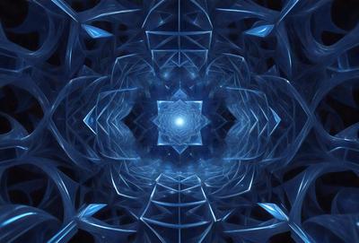 The primary subject of the image is a blue, geometric pattern with a central blue circle. The setting is a dark, blue background that contrasts with the bright blue pattern. The visual style is a combination of digital art and illustration, creating a unique and intricate design. The colors and mood of the image are predominantly blue, giving it a calm and serene atmosphere.