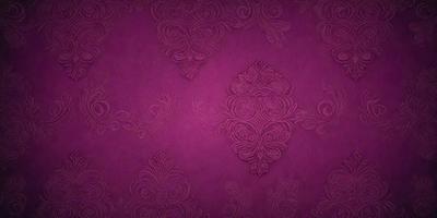 The primary subject of the image is a purple wall with a pattern of flowers. The setting is a room with a purple wallpaper, and the visual style is a close-up of the wallpaper. The dominant colors are purple and white, creating a calm and elegant atmosphere.