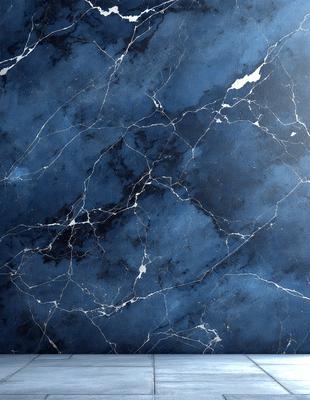 The primary subject of the image is a blue marble wall with a pattern of white and black spots. The setting is a room with a blue marble floor. The visual style is a close-up of the marble wall, showcasing its unique texture and design. The colors and mood of the image are predominantly blue, with the white and black spots adding contrast and visual interest.