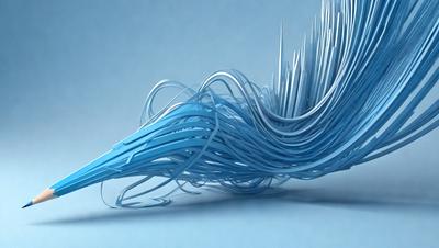 The primary subject of the image is a blue, wavy, and curly sculpture or artwork. The setting is a blue background, which complements the blue color of the artwork. The visual style appears to be a combination of digital art and illustration, as the artwork is both three-dimensional and detailed. The colors and mood of the image are predominantly blue, creating a sense of calmness and tranquility.