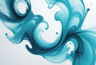 The primary subject of the image is a painting of a blue wave. The setting is a white background, and the visual style appears to be a digital art or illustration. The dominant colors in the painting are blue and white, creating a serene and calming atmosphere.