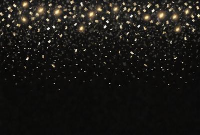 The primary subject of the image is a pattern of gold confetti, which is the main object, scene, or focus of the image. The setting is a dark background, which contrasts with the gold confetti. The visual style is a close-up of the confetti, showcasing its intricate details. The colors and mood of the image are predominantly gold and dark, creating a sense of elegance and sophistication.