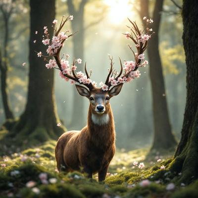 Primary subject: A deer with a large set of antlers and a flower crown on its head.

Setting/background: The deer is standing in a forest, surrounded by trees and flowers.

Visual style: The image is a digital artwork, featuring a detailed and realistic representation of the deer.

Colors and mood: The colors in the image are predominantly earthy tones, such as browns, greens, and pinks, creating a natural and serene atmosphere.