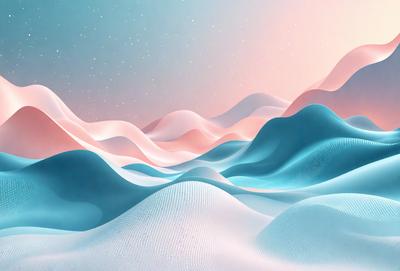 The primary subject of the image is a large, colorful mountain range. The mountain range is set against a backdrop of a blue sky, creating a striking contrast. The visual style of the image is digital art, as it appears to be a computer-generated or digitally painted scene. The dominant colors in the image are blue and pink, giving the scene a vibrant and lively atmosphere.