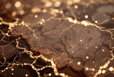 The primary subject of the image is a close-up of a rocky surface with a pattern of light and dark streaks. The setting is a rocky outdoor environment, and the visual style appears to be a combination of a photo and digital art. The colors and mood of the image are predominantly dark, with the light streaks adding a contrasting element to the overall atmosphere.