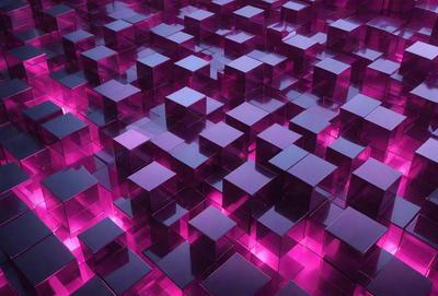 The primary subject of the image is a large, pink, three-dimensional grid pattern. The setting is a purple background, which creates a striking contrast with the pink grid. The visual style is a combination of digital art and illustration, giving the image a unique and eye-catching appearance. The dominant colors are pink and purple, creating a warm and vibrant atmosphere.