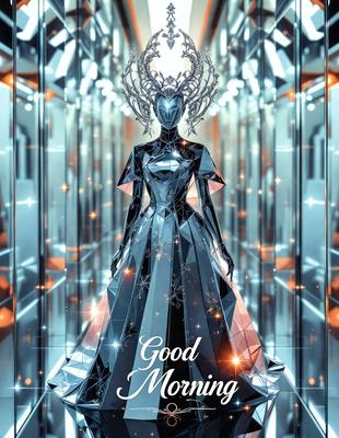 The primary subject of the image is a woman dressed in a gown, standing in a room with a futuristic, digital art-like appearance. The setting includes a hallway with a row of windows, and the visual style is a combination of photo and digital art. The colors and mood of the image are predominantly blue and futuristic, creating a sense of modernity and sophistication.