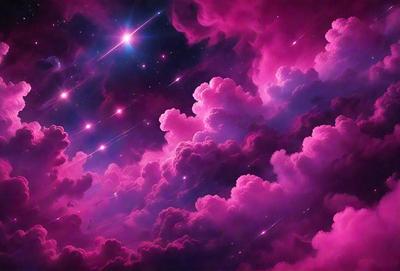 The primary subject of the image is a purple cloudy sky with a few stars visible. The setting is a nighttime scene with a pinkish hue. The visual style is a digital art or illustration, creating a surreal and dreamy atmosphere. The colors and mood are predominantly pink and purple, giving the scene a soft and ethereal quality.