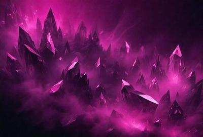 The primary subject of the image is a purple mountain with a cloudy sky in the background. The mountain is covered in purple crystals, giving it a unique and striking appearance. The visual style of the image is a combination of photo and digital art, creating a surreal and dreamlike atmosphere. The dominant colors in the image are purple and pink, with the purple crystals adding a sense of depth and intrigue to the scene.