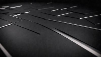 The primary subject of the image is a black background with a pattern of silver lines. The setting is a dark room, and the visual style appears to be a combination of a photo and digital art. The dominant colors are black and silver, creating a moody and dramatic atmosphere.