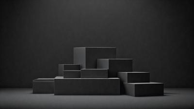 The primary subject of the image is a black box. The setting is a black background, which creates a contrast with the box. The visual style is a photo, and the colors and mood are predominantly black, giving the image a sleek and modern appearance.