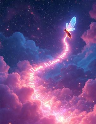 The primary subject of the image is a fairy flying through the sky. The setting is a cloudy night sky, with the fairy flying above a pink cloud. The visual style is a digital art, creating a whimsical and magical atmosphere. The colors and mood are predominantly pink, which adds to the overall sense of wonder and enchantment.