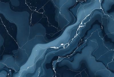 The primary subject of the image is a blue and white marbled surface, which appears to be a painting or drawing. The setting is a dark blue background, creating a contrasting effect. The visual style is artistic, with the marbled surface and the dark blue background creating a unique and intriguing atmosphere. The colors and mood of the image are predominantly dark and moody, with the blue and white marbled surface adding a touch of elegance and sophistication.