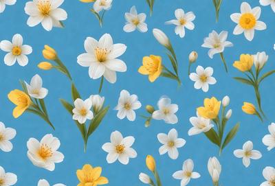 The primary subject of the image is a pattern of white flowers with yellow centers. The flowers are arranged in a blue background, creating a visually appealing and harmonious design. The setting appears to be a blue surface, which complements the colors of the flowers. The visual style of the image is a combination of digital art and illustration, showcasing the artist's skill in creating a beautiful and cohesive design. The dominant colors in the image are white and blue, creating a serene and calming atmosphere.