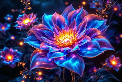 The primary subject of the image is a large, vibrant blue flower with a yellow center. The flower is surrounded by a purple background, giving it a striking appearance. The visual style of the image is digital art, as it appears to be a computer-generated or digitally edited image. The dominant colors in the image are blue and yellow, creating a lively and energetic atmosphere.
