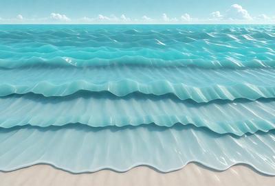The primary subject of the image is a large body of blue water, with waves crashing on the shore. The setting is a beach, with the water and waves creating a dynamic and lively atmosphere. The visual style of the image is a digital art or illustration, with the artist skillfully capturing the movement and beauty of the ocean waves. The dominant colors in the image are blue and white, with the blue water and white waves creating a serene and calming mood.