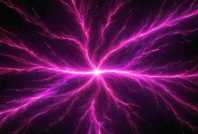 The primary subject of the image is a bright pink light, which appears to be a neon light or a purple lightning bolt. The light is the main focus of the image, and it is set against a dark background. The visual style of the image is a close-up of the light, which creates a striking contrast between the light and the darkness. The colors and mood of the image are predominantly pink and purple, giving it a vibrant and energetic atmosphere.
