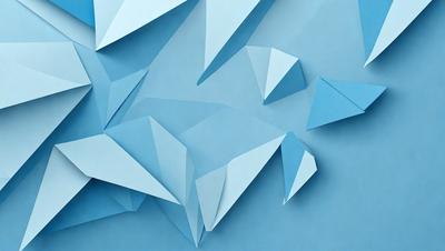 The primary subject of the image is a blue background with a pattern of white triangles. The setting appears to be a blue sky, and the visual style is a combination of digital art and illustration. The dominant colors are blue and white, creating a calm and serene atmosphere.