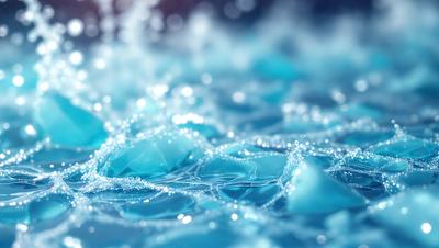 The primary subject of the image is a blue water surface, possibly a swimming pool or a body of water. The setting is a clear blue water body, with no visible background or land. The visual style is a close-up of the water surface, showcasing the blue color and the water droplets. The colors and mood of the image are predominantly blue, creating a serene and calming atmosphere.