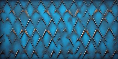 The primary subject of the image is a blue metal surface with a pattern of metal shapes, possibly resembling a fish scale. The setting is a close-up of the blue metal surface, showcasing the intricate design. The visual style is a combination of a photo and digital art, as the image is a close-up of the blue metal surface. The colors and mood of the image are predominantly blue, with a sense of depth and texture from the metal shapes.