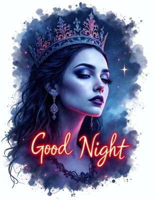 The primary subject of the image is a woman wearing a crown, with her eyes closed. She appears to be in a regal and elegant pose. The setting is a nighttime scene, with a starry background. The visual style is a digital art or illustration, featuring a colorful and vibrant atmosphere. The colors and mood of the image are predominantly dark and mysterious, with the woman's crown and the starry background adding a touch of magic and enchantment.