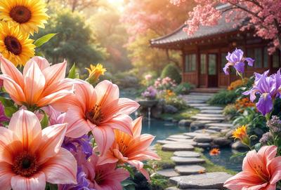 The primary subject of the image is a beautiful garden with a variety of flowers, including pink and yellow ones. The garden is set in a serene environment, surrounded by a pond and a wooden structure. The visual style of the image is a photo, capturing the vibrant colors and natural beauty of the flowers and the garden. The colors and mood of the image are predominantly warm and inviting, with the flowers adding a touch of elegance and charm to the scene.