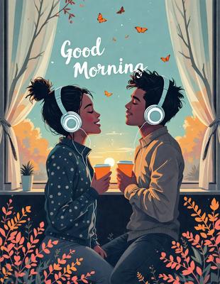 Good morning, a beautiful illustration of a man and a woman sitting together, both wearing headphones. They are enjoying a cup of coffee, with a potted plant in the background. The scene is set in a cozy and relaxed environment, with a warm and inviting atmosphere.