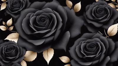 The primary subject of the image is a close-up of a black rose with gold leaves. The setting is a black background, which contrasts with the rose and leaves, creating a striking visual effect. The visual style is a combination of a photo and digital art, as the rose and leaves are depicted in a detailed and realistic manner. The dominant colors are black and gold, giving the image a sophisticated and elegant mood.