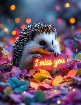 Primary subject: A hedgehog holding a red sign with the words "I miss you" written on it.

Setting/background: The hedgehog is surrounded by a colorful and vibrant environment, with a field of flowers and leaves in the background.

Visual style: The image is a digital artwork, featuring a cute and heartwarming scene of a hedgehog holding a sign.

Colors and mood: The colors in the image are predominantly warm and