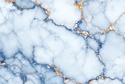 The primary subject of the image is a marble-like surface with a blue and white color scheme. The setting is a stone wall, and the visual style appears to be a combination of a photo and digital art. The colors and mood of the image are predominantly blue and white, creating a clean and elegant atmosphere.