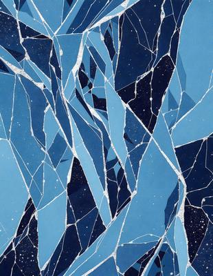 The primary subject of the image is a blue and white patterned surface, which appears to be a piece of art or a design. The setting is a blue background, and the visual style is a combination of digital art and illustration. The colors and mood of the image are predominantly blue and white, creating a calm and serene atmosphere.