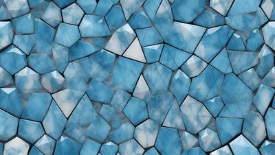 The primary subject of the image is a blue and white patterned surface, which appears to be a tile or a wall with a blue and white diamond pattern. The setting is a close-up of the pattern, showcasing the intricate design. The visual style is a combination of a photo and digital art, as the image is a close-up of a tile or wall with a blue and white diamond pattern. The colors and mood of the image are predominantly blue and white, creating a clean and elegant atmosphere.