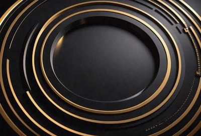 The primary subject of the image is a black and gold circle. The setting is a black background, and the visual style appears to be a digital art or illustration. The dominant colors are black and gold, creating a sophisticated and elegant atmosphere.