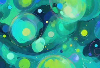 The primary subject of the image is a colorful, abstract artwork featuring a variety of shapes, including circles and bubbles. The setting is a vibrant, green background that complements the artwork. The visual style is a combination of digital art and illustration, creating a unique and eye-catching piece. The dominant colors are green, blue, and yellow, giving the artwork a lively and cheerful atmosphere.