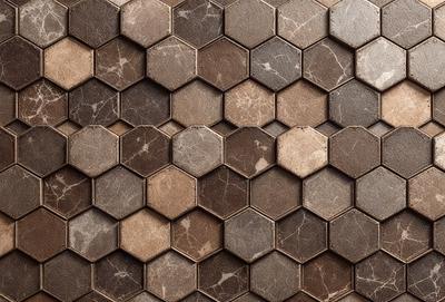 The primary subject of the image is a patterned surface, which appears to be a marble or stone tile. The setting is a close-up view of the tile, showcasing its intricate design. The visual style is a realistic representation of the tile, capturing its texture and details. The colors and mood of the image are predominantly earthy tones, giving it a natural and elegant appearance.