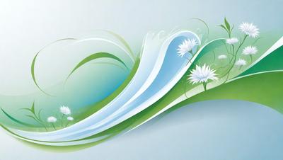 The primary subject of the image is a wave with white flowers on it. The wave is depicted in a digital art style, and it is set against a blue background. The overall atmosphere of the image is serene and calming, with the white flowers adding a touch of natural beauty to the scene.